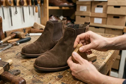 Mains féminines utilisant un embauchoir en bois pour agrandir une bottine en daim marron sans laisser de traces