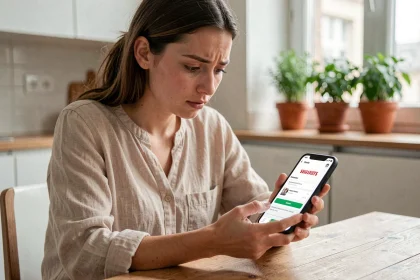 Jeune femme annulant une commande Shein sur son smartphone dans un appartement parisien