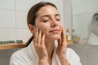 Femme pratiquant un automassage facial dans une salle de bain minimaliste pour booster l'éclat de son teint