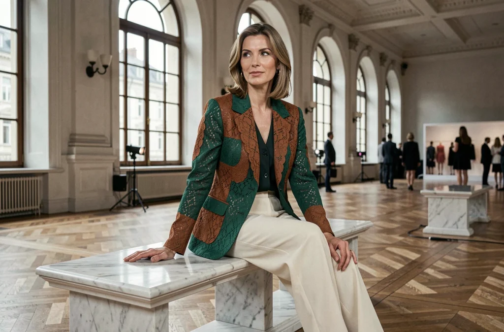 Femme élégante en blazer en dentelle bicolore vert et terracotta lors d'une fashion week dans une salle de prestige