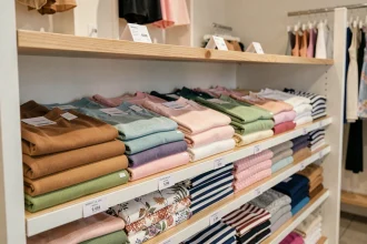 Étagère de boutique spécialisée présentant une gamme de boxers féminins pliés en coton et modal, organisés par couleur et motif