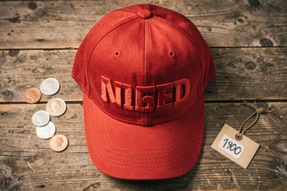 Casquette rouge MAGA brodée posée sur une surface en bois avec des pièces de monnaie et une étiquette de prix