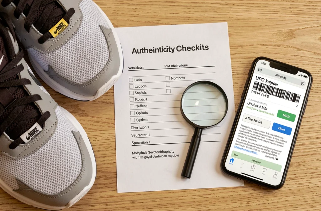 Checklist de vérification UPC Nike posée à côté d'une paire de sneakers d'occasion et d'un smartphone