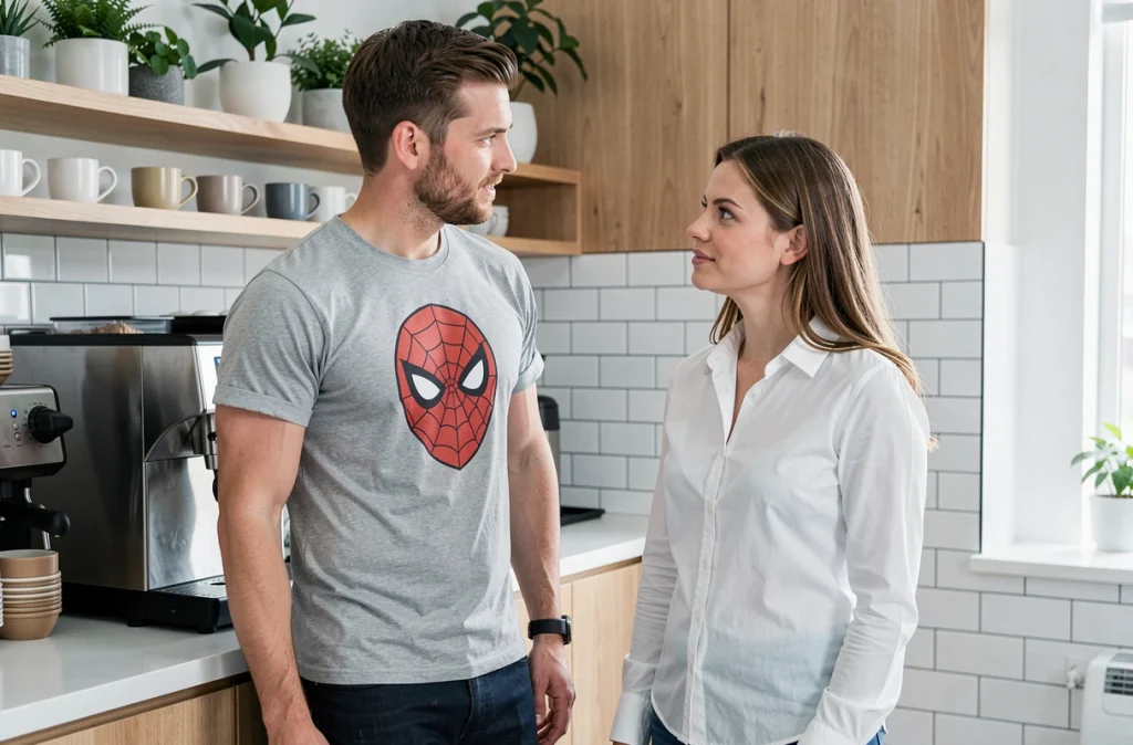 Deux collègues discutant du dress code au bureau devant la machine à café, l'un portant un tee-shirt Spiderman discret