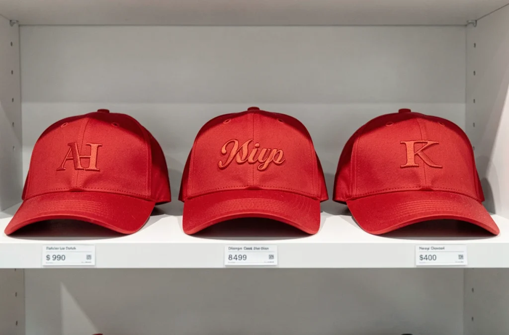 Trois casquettes MAGA rouges alignées sur une étagère de commerce avec leurs étiquettes de prix