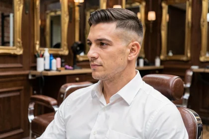 Homme dans la trentaine avec une coupe couronne nette et fondue, assis dans un fauteuil de barbershop moderne, portrait réaliste 3/4