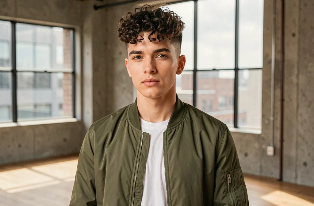 Jeune homme avec une coupe couronne bouclée et côtés rasés, veste bomber olive, portrait réaliste dans un loft industriel