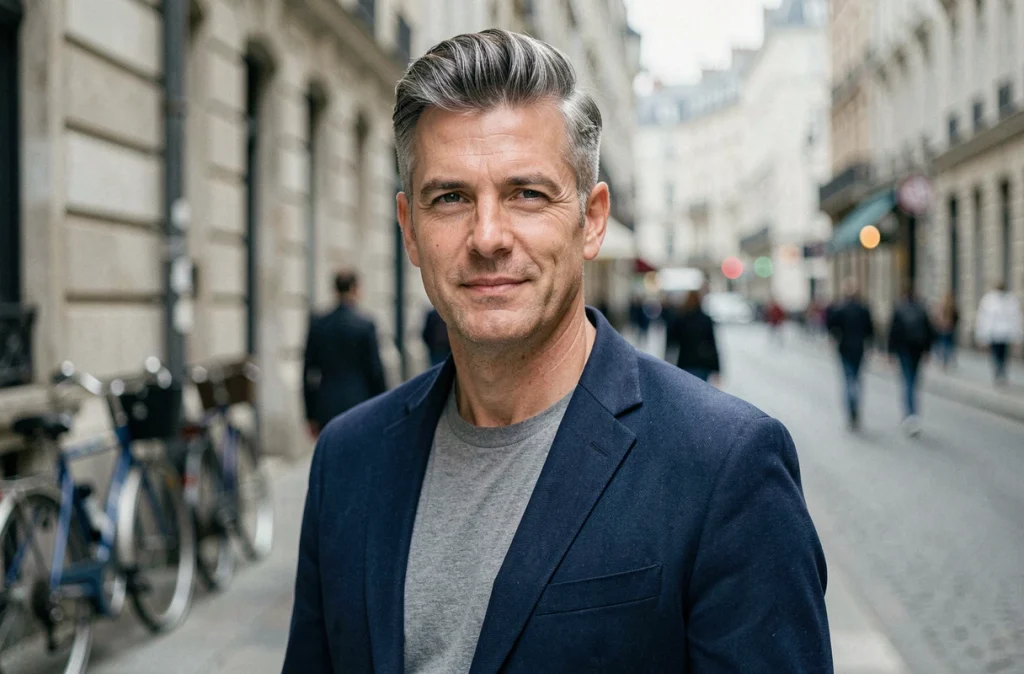 Homme dans la quarantaine avec une coupe couronne grisonnante portant un blazer marine, portrait en extérieur dans une rue européenne