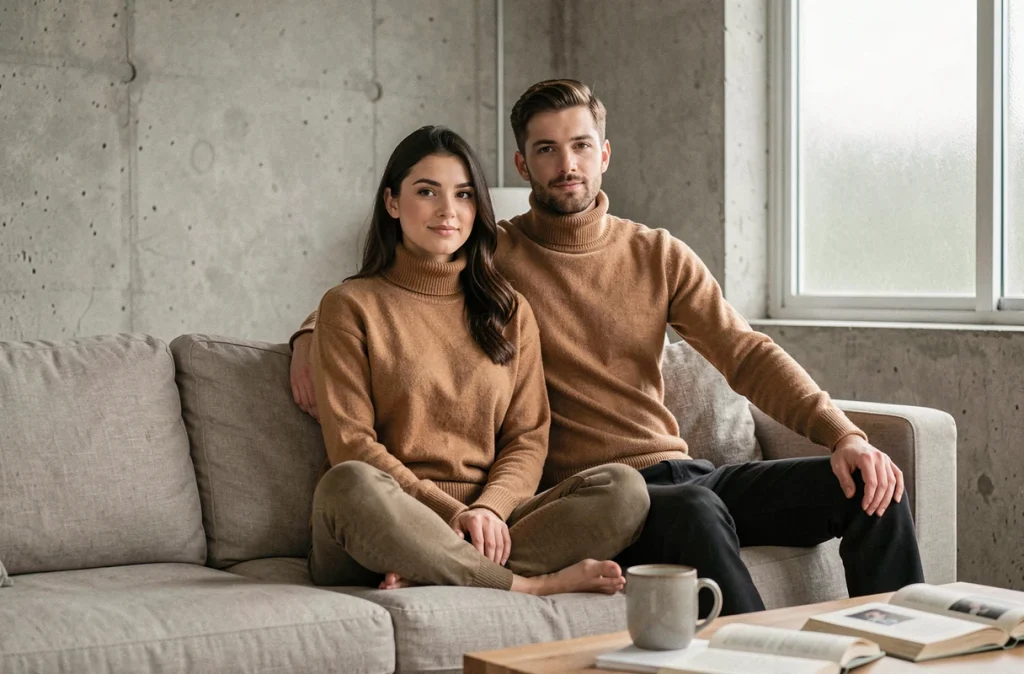 Couple en pulls col roulé camel assortis posant dans un salon minimaliste, photo de profil de couple chic et coordonnée