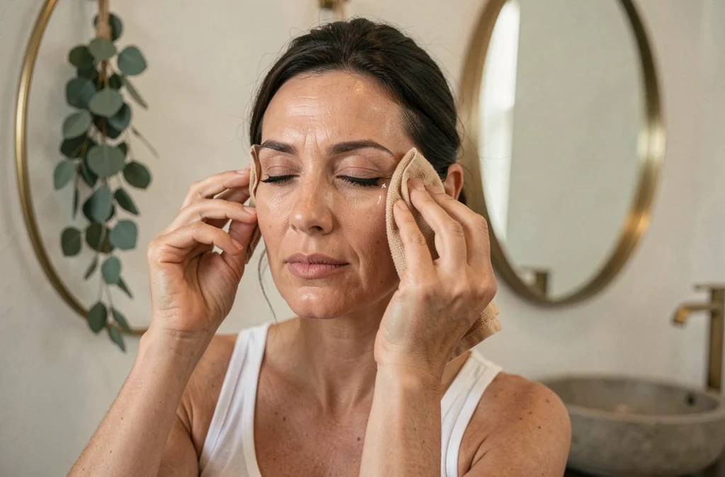 Femme dans la quarantaine démaquillant les yeux avec un tissu mousseline imprégné d'huile végétale dans une salle de bain au style spa