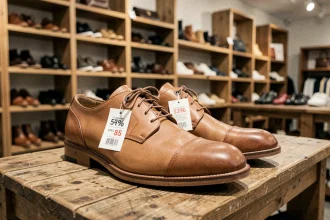 Chaussures Arche en cuir exposées sur une étagère en bois lors d'un déstockage en boutique avec étiquettes de réduction visibles