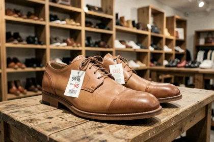 Chaussures Arche en cuir exposées sur une étagère en bois lors d'un déstockage en boutique avec étiquettes de réduction visibles