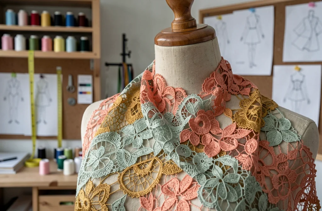 Détail de dentelle multicolore sur un mannequin de couture dans un atelier de mode parisien