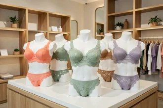 Présentoir de lingerie en dentelle colorée dans une boutique moderne, avec des ensembles en corail, vert sauge et lavande sur des mannequins blancs