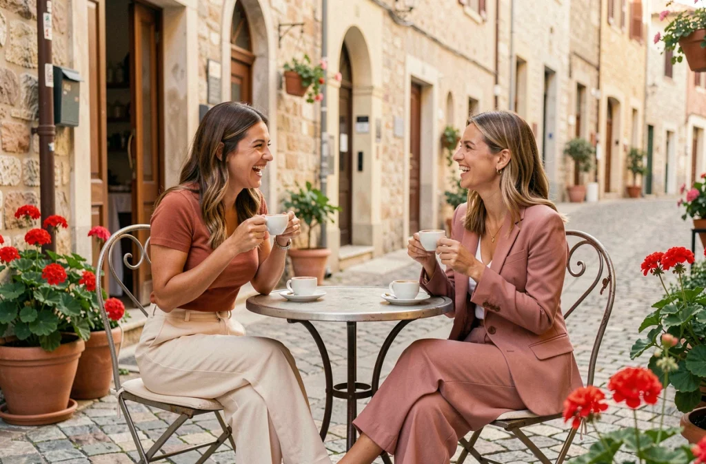 Deux femmes en ensembles coordonnés pastel attablées à une terrasse de café au printemps