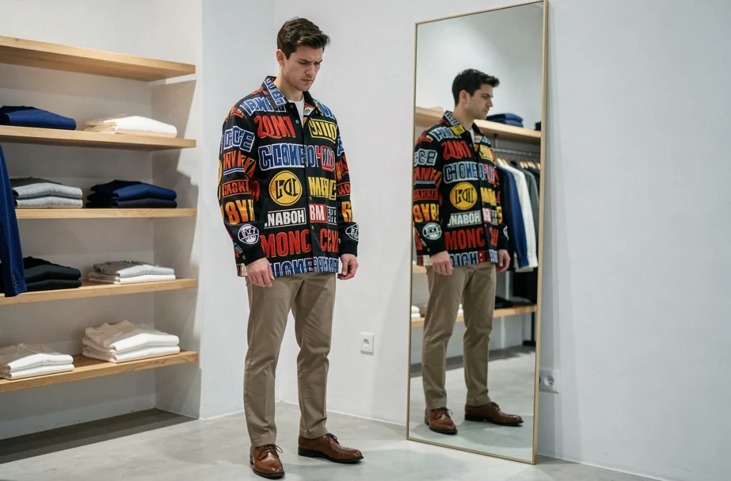 Homme regardant son reflet dans un miroir en boutique portant une veste streetwear à gros logos incompatible avec un chino et des chaussures de ville
