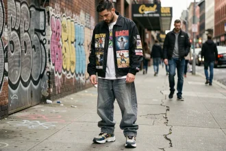 Homme portant une veste streetwear mal assortie avec un jean trop large dans une rue urbaine, illustrant les erreurs de style à éviter