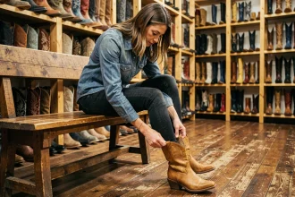 Femme essayant des bottes cowboy western en cuir tan dans une boutique rustique, vérification du fit et de la pointure