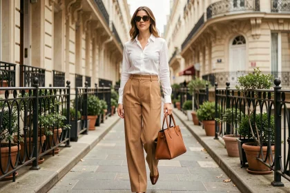Femme parisienne en pantalon large camel et lunettes rétro écaille portant un sac vintage en cuir cognac dans une rue haussmannienne