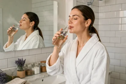 Femme appliquant une eau florale sur son visage dans une salle de bain épurée style scandinave