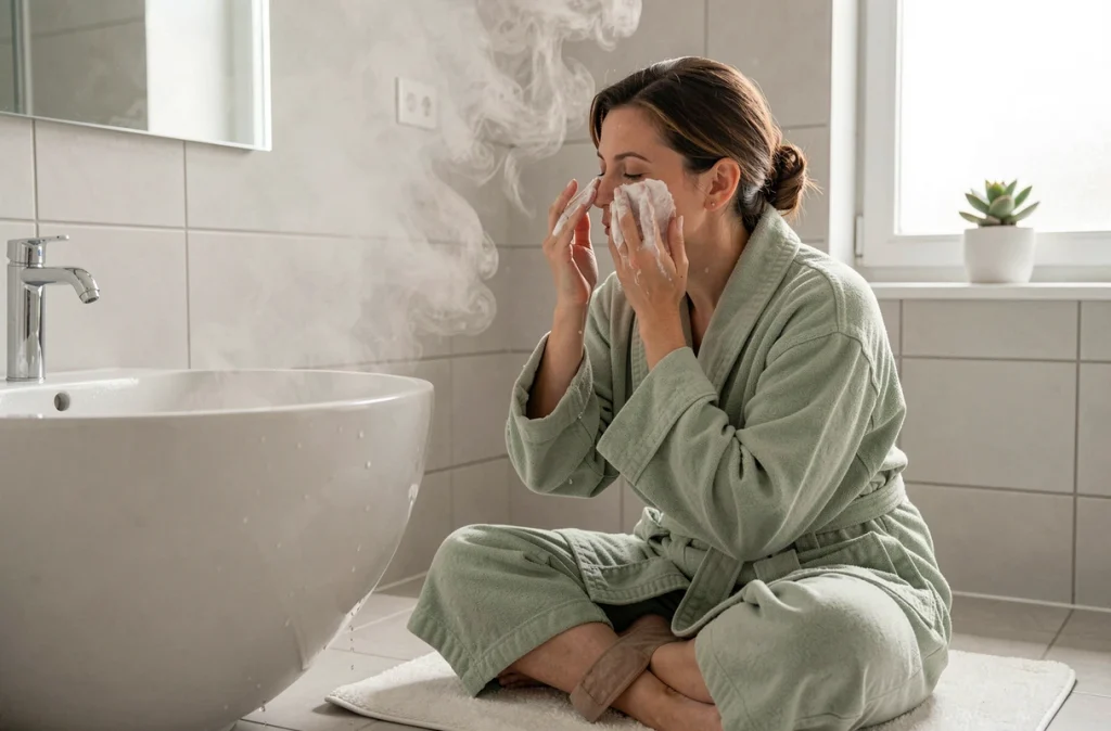 Femme en peignoir rinçant un masque exfoliant doux sur peau sensible dans une salle de bain minimaliste