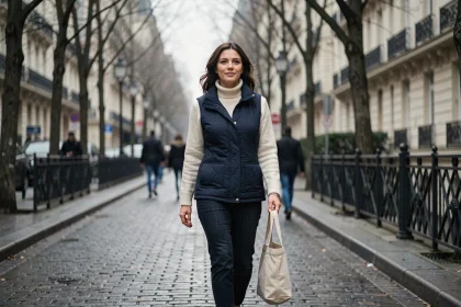 Femme portant une veste matelassée bleu marine dans une rue parisienne en hiver