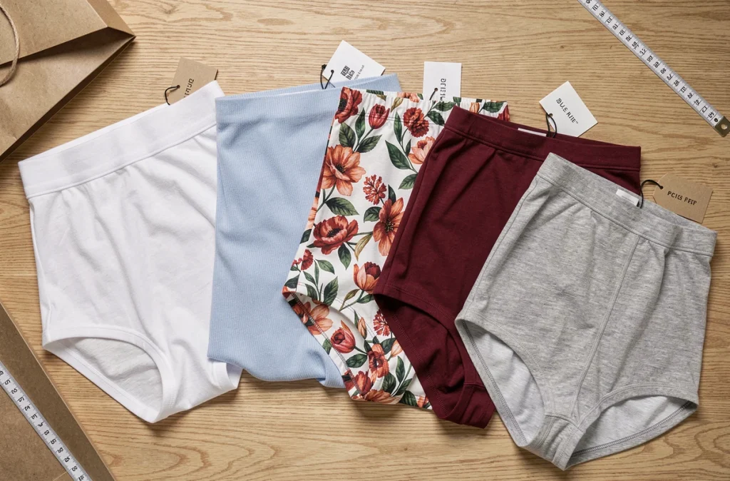 Flat-lay de cinq modèles de boxers féminins en coton et modal aux styles variés, présentés sur une surface en bois clair avec étiquettes de marque