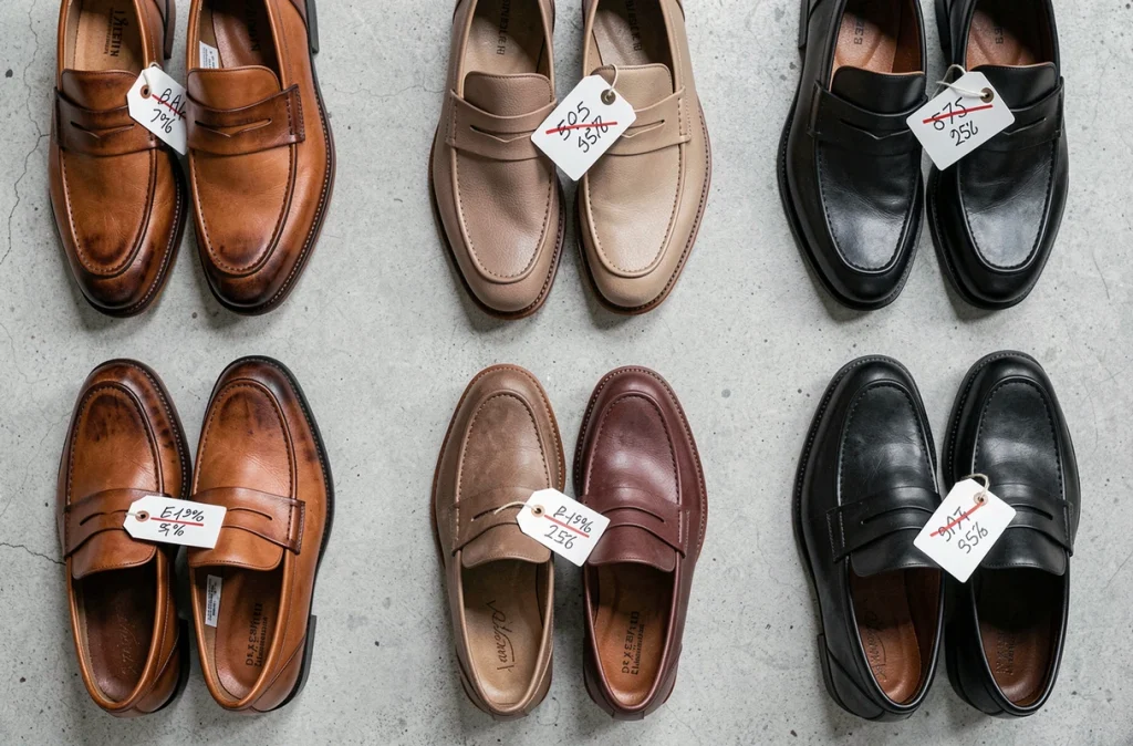 Vue à plat de plusieurs paires de chaussures en cuir style Arche avec étiquettes de prix barrés sur fond béton lors d'un déstockage