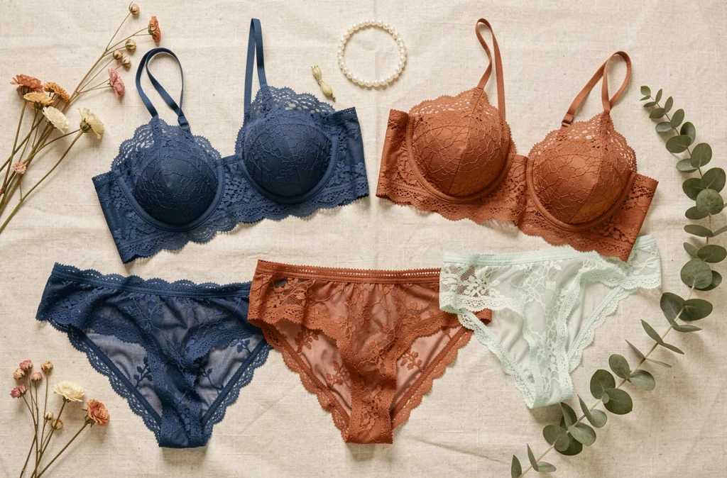 Flat lay d'ensembles de lingerie en dentelle colorée en bleu cobalt, terracotta et menthe douce sur fond de lin ivoire avec accessoires décoratifs