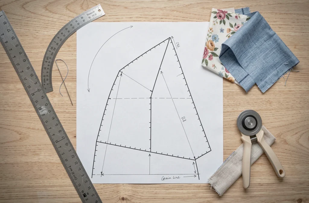 Flat-lay d'un patron de couture trapèze en papier kraft avec règles, cutter rotatif et échantillons de tissu sur table de coupe