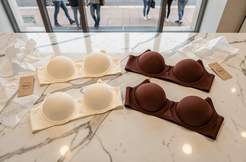 Flat lay de soutiens-gorge invisibles en différentes teintes sur marbre blanc en boutique