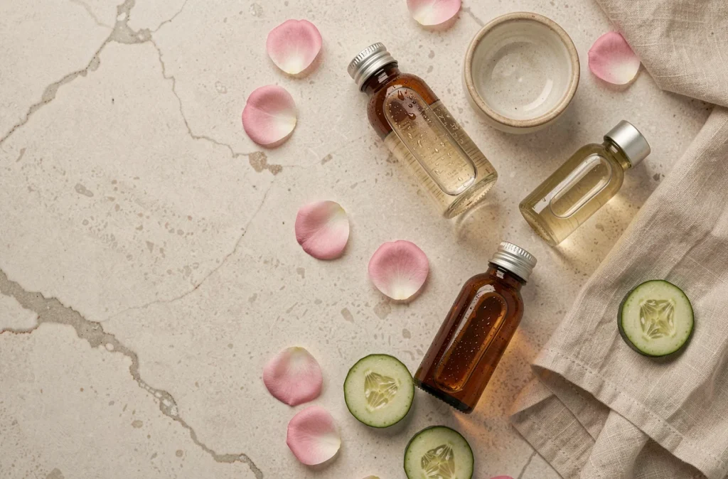 Flatlay de flacons d'eaux florales et ingrédients naturels pour une routine de soin de la peau
