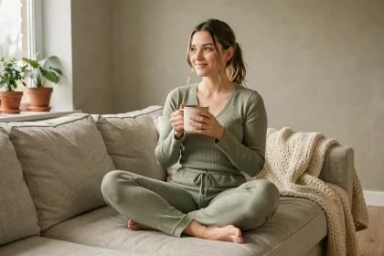 Femme portant une grenouillère adulte en coton côtelé vert sauge, assise sur un canapé lin dans un salon minimaliste scandinave