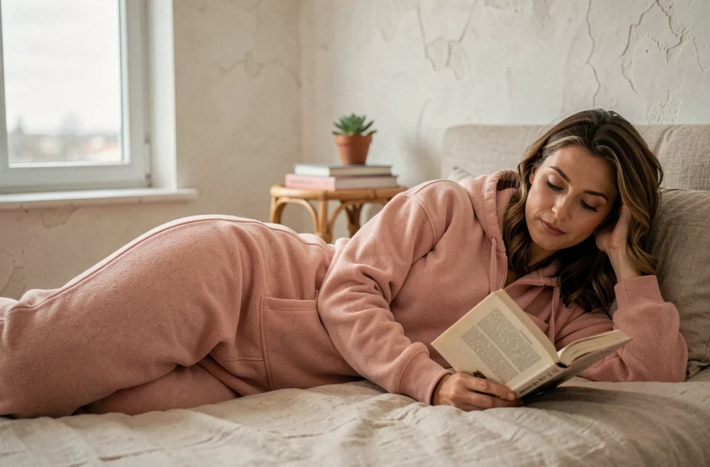 Femme en grenouillère polaire rose blush avec capuche allongée sur un lit en lin, lisant un livre dans une chambre cosy