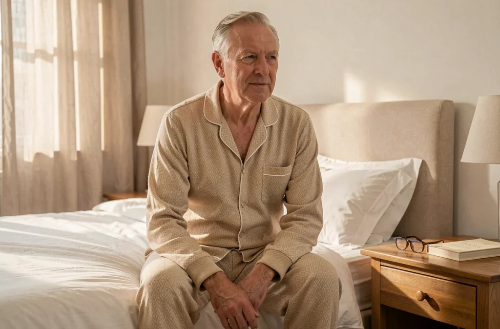 Personne âgée en pyjama grenouillère beige assis sur le bord d'un lit dans une chambre apaisante