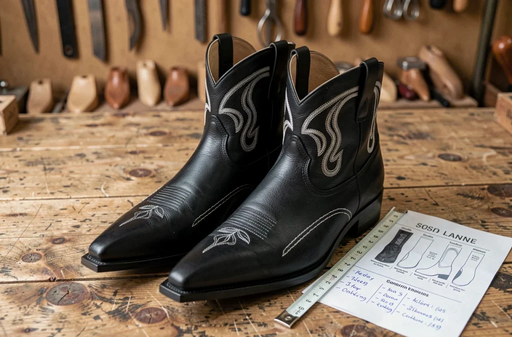 Paire de bottes cowboy noires avec guide de pointure et mètre ruban sur établi en bois, comment choisir sa taille western