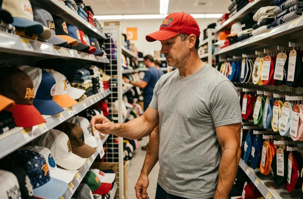 Homme parcourant des casquettes MAGA dans un magasin discount, comparant les prix