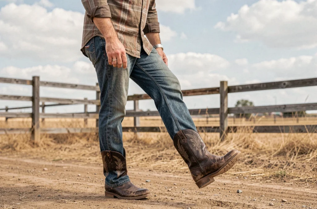 Homme inspectant le fit de ses bottes cowboy en cuir brun sur un chemin de ranch, guide choix pointure western