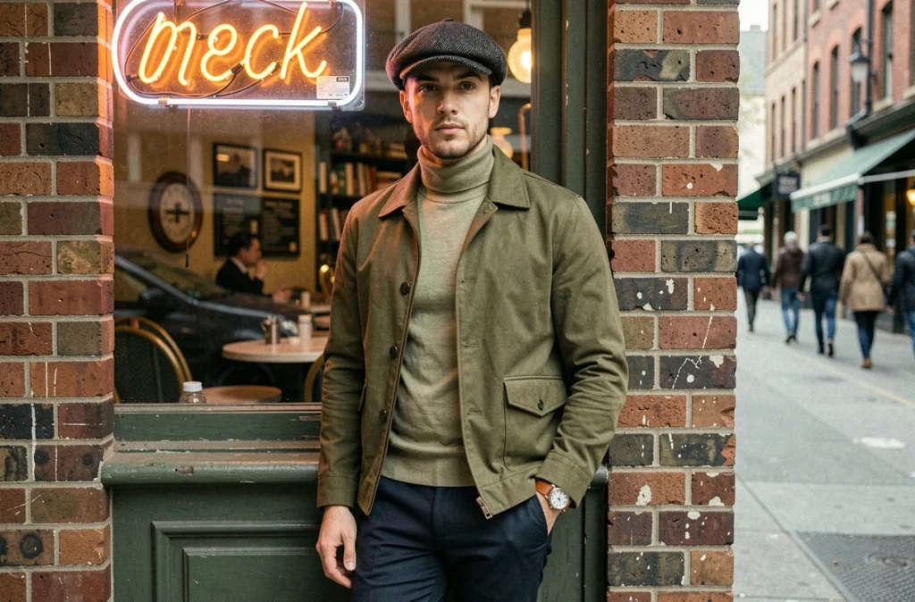 Homme en tenue urbaine rétro avec montre chronographe vintage et casquette en laine à carreaux devant un café parisien