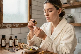 Femme appliquant de l'huile de jojoba sur un coton démaquillant devant une coiffeuse en bois avec des flacons d'huiles végétales