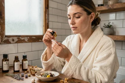 Femme appliquant de l'huile de jojoba sur un coton démaquillant devant une coiffeuse en bois avec des flacons d'huiles végétales