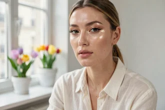 Jeune femme arborant un maquillage effet glowy avec une peau lumineuse et des reflets dorés sur les pommettes, assise près d'une fenêtre dans un appartement parisien au printemps