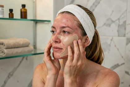 Femme appliquant un masque exfoliant doux sur peau sensible devant un miroir de salle de bain