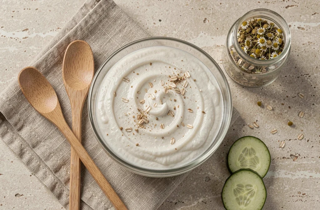 Bol de masque exfoliant doux aux ingrédients naturels présenté sur fond de lin et pierre