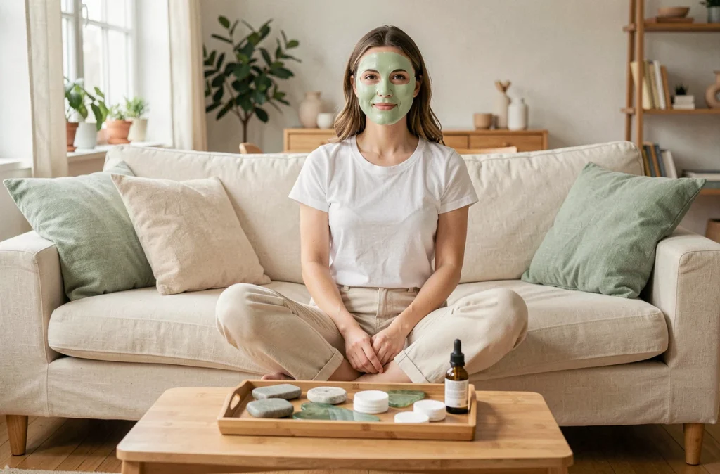 Jeune femme portant un masque en tissu vert assise sur un canapé en lin avec des accessoires de soin visage gua sha et cotons disposés sur un plateau en bois