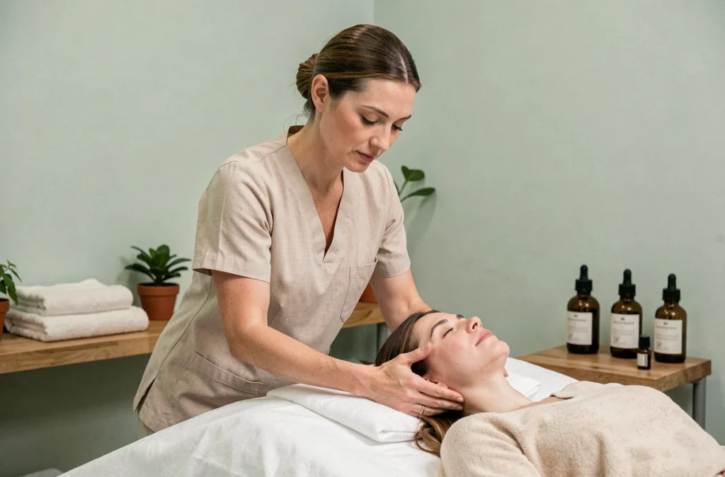 Esthéticienne réalisant un massage facial professionnel sur une cliente dans un spa aux tons naturels