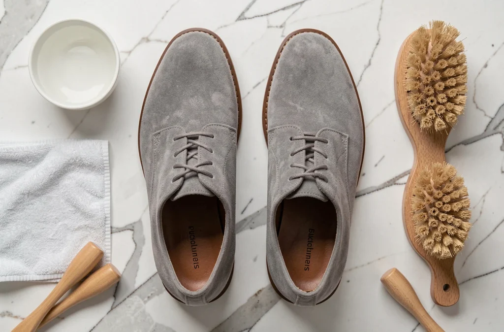 Vue de dessus d'une paire de chaussures Oxford en daim gris avec accessoires pour les agrandir sans laisser de traces sur fond marbre