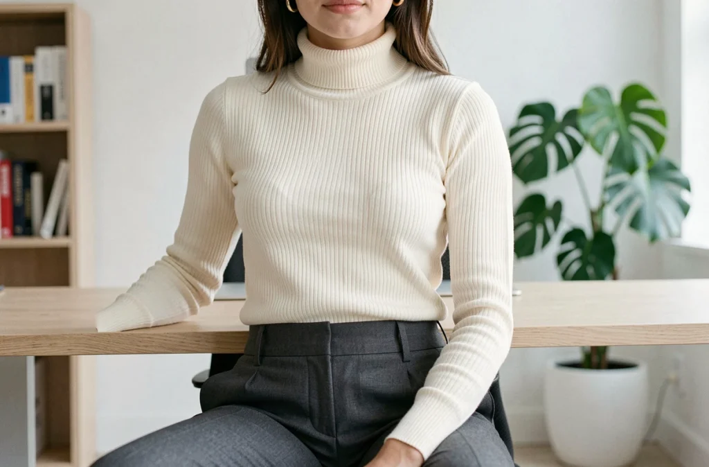 Femme en pantalon taille haute gris et pull col roulé crème assise à un bureau moderne, look structuré professionnel