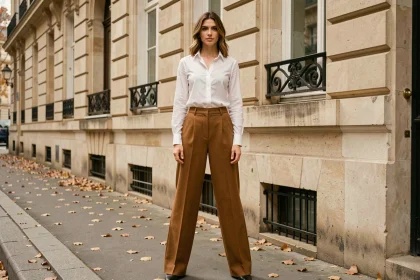 Femme portant un pantalon taille haute en laine camel avec chemise blanche, tenue structurée au quotidien dans une rue parisienne
