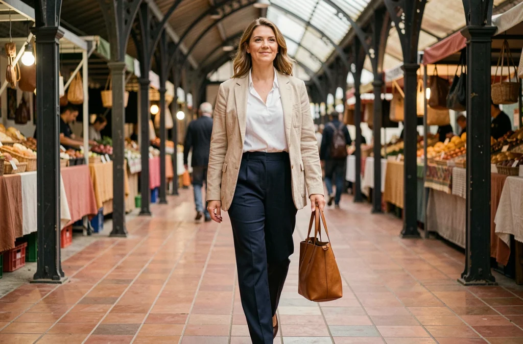 Femme en pantalon taille haute bleu marine et blazer beige dans un marché couvert, tenue casual chic du quotidien structurée